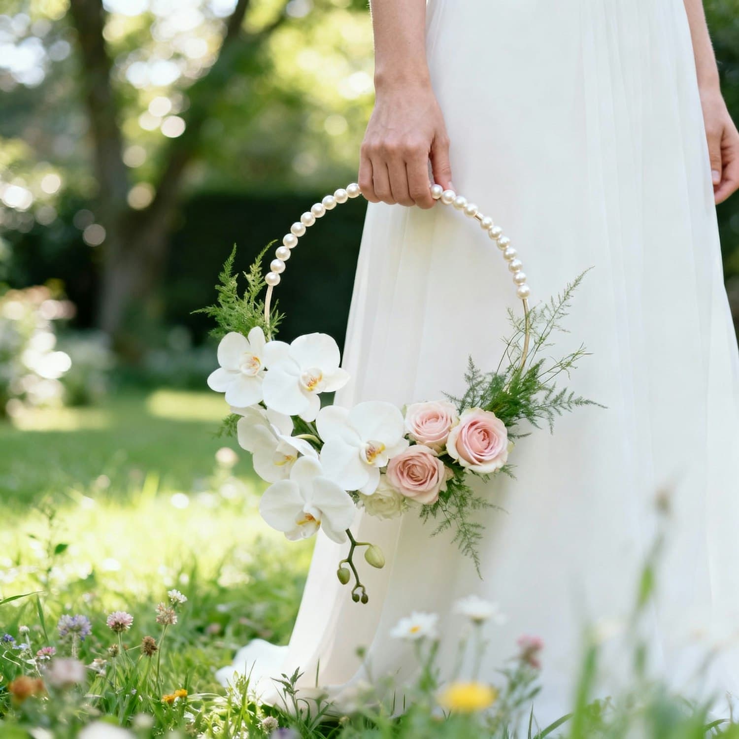A bride holding a bouquet in a garden