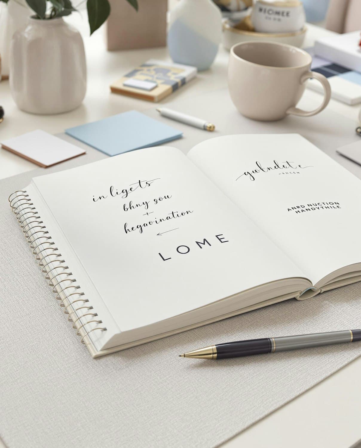 An open notebook with handwritten notes on a neutral desk