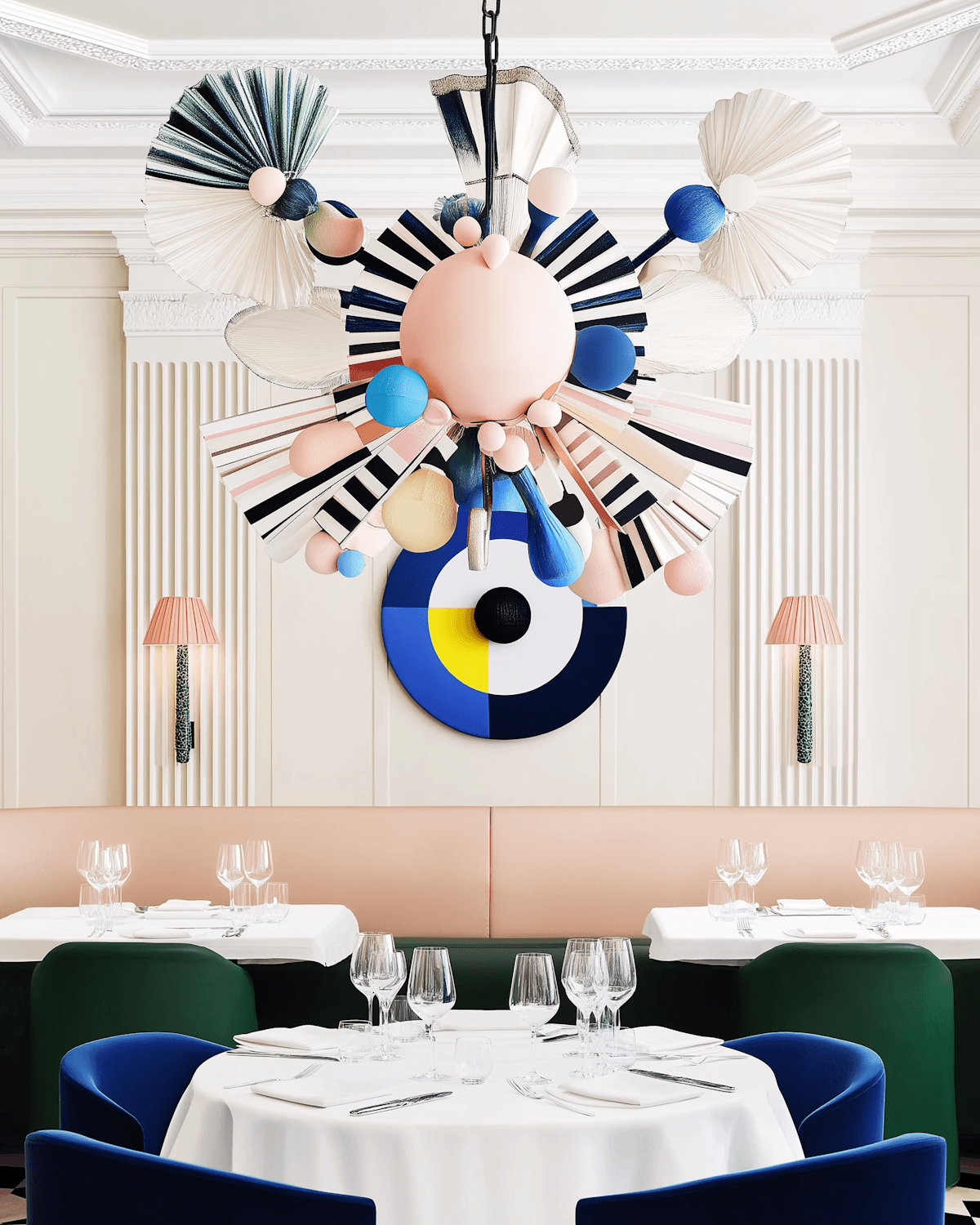 An elegant dining room with a sculptural chandelier