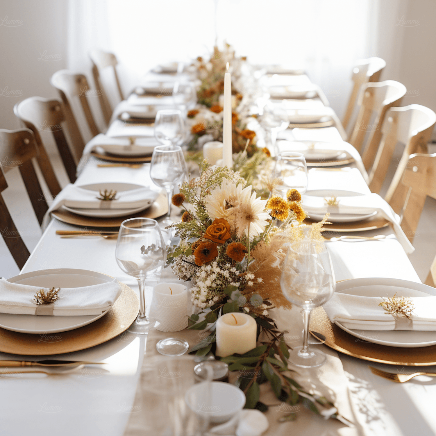 An elegant celebration table with florals, gold accents and candlelight